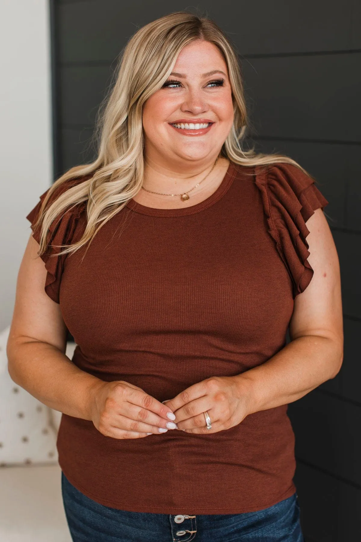 Truly A Treasure Ruffle Top- Red Brown