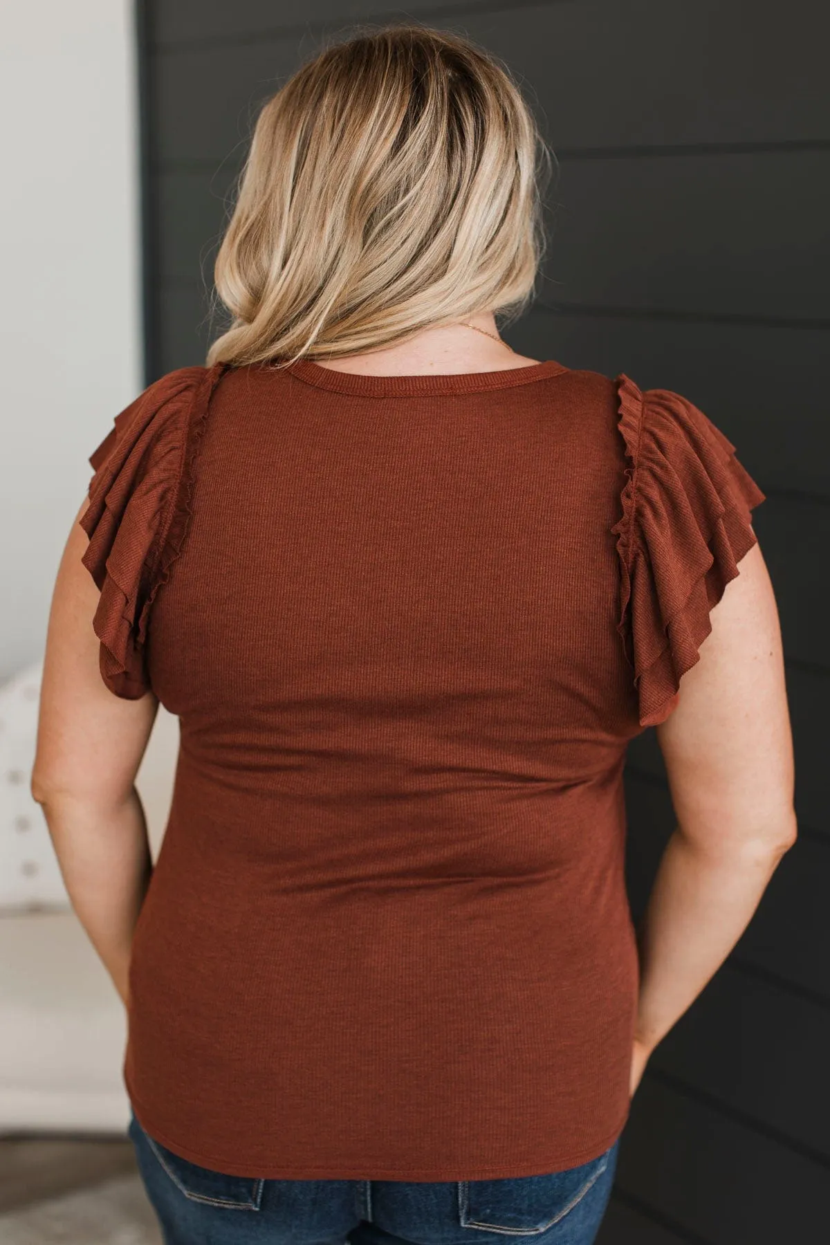 Truly A Treasure Ruffle Top- Red Brown