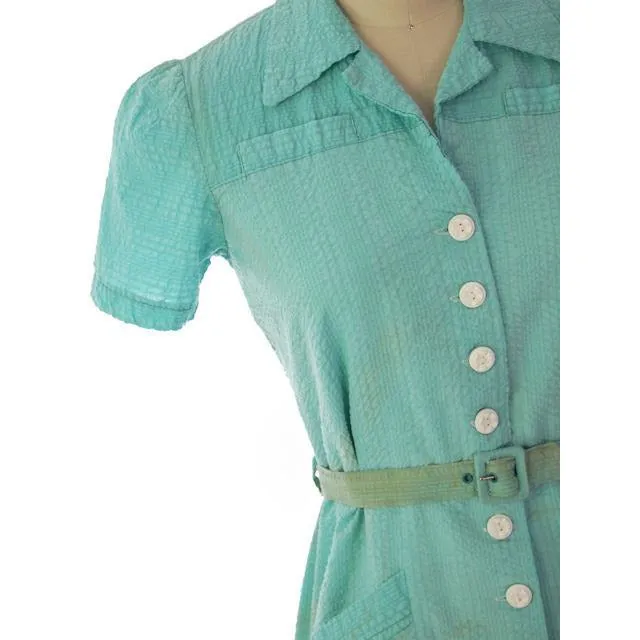 Vintage Seersucker Dress Waitress Uniform Seafoam Green 1940s Stylecraft 35" Bust