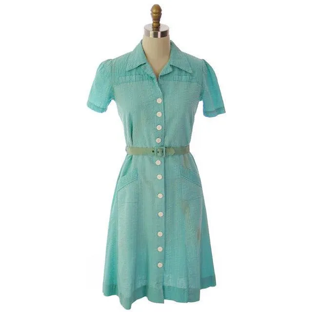 Vintage Seersucker Dress Waitress Uniform Seafoam Green 1940s Stylecraft 35" Bust