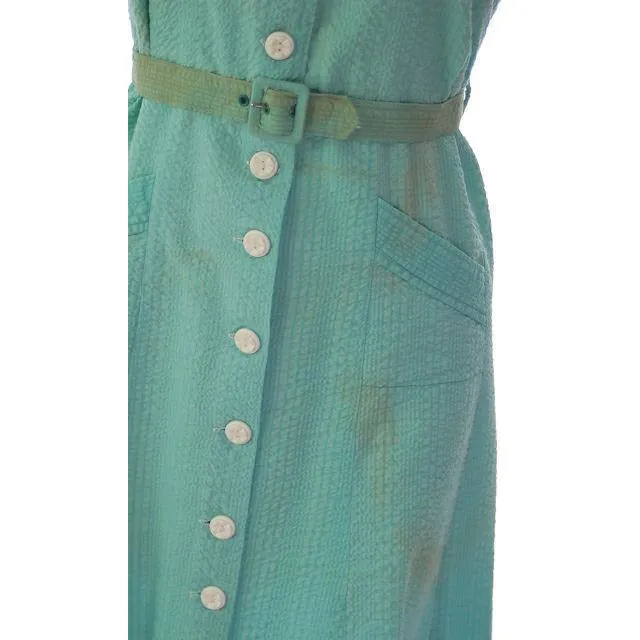 Vintage Seersucker Dress Waitress Uniform Seafoam Green 1940s Stylecraft 35" Bust