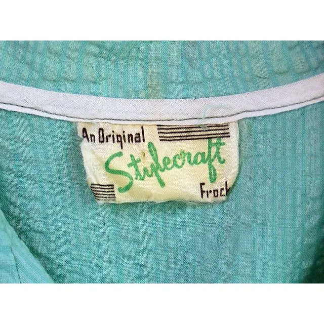 Vintage Seersucker Dress Waitress Uniform Seafoam Green 1940s Stylecraft 35" Bust
