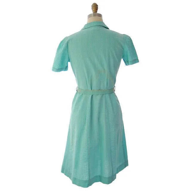 Vintage Seersucker Dress Waitress Uniform Seafoam Green 1940s Stylecraft 35" Bust