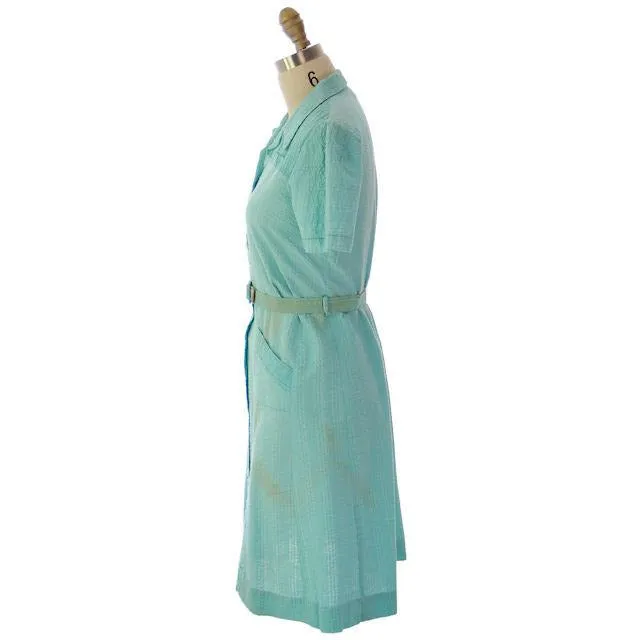 Vintage Seersucker Dress Waitress Uniform Seafoam Green 1940s Stylecraft 35" Bust