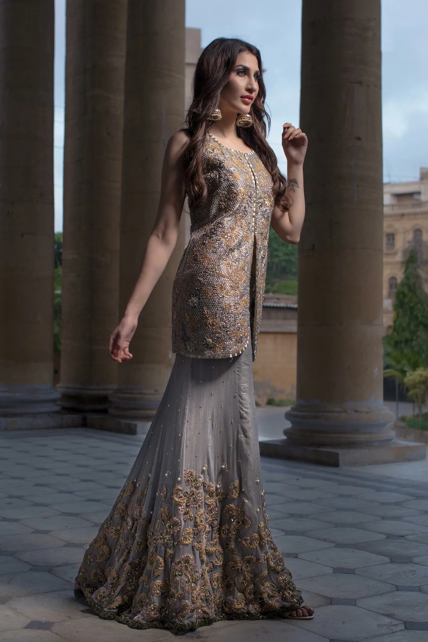 Wedding party dress gray and gold color with dabka threds and multi work Model#P 98