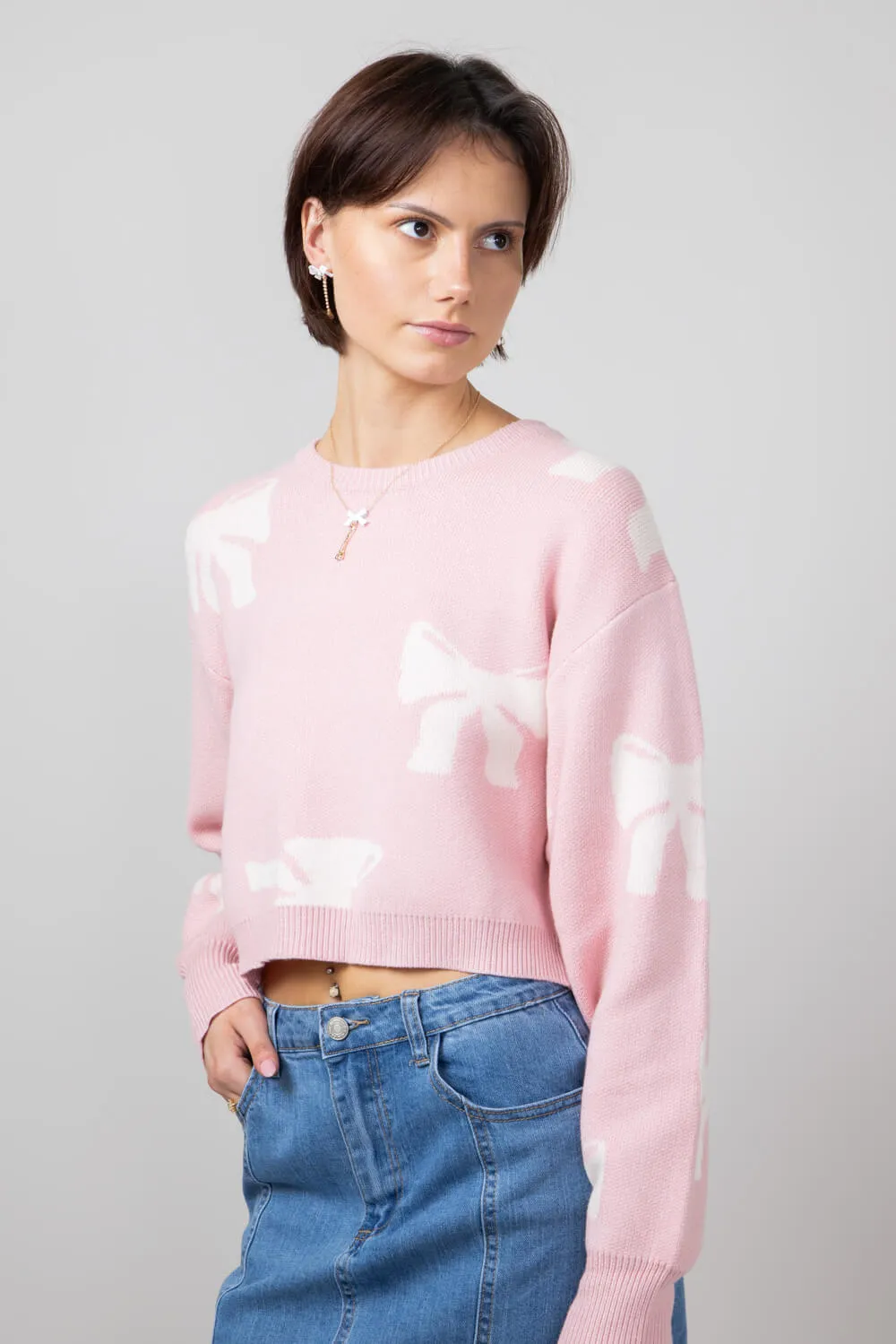 White Bow Sweater for Women in Pink | IWT4021-PINKWHITE