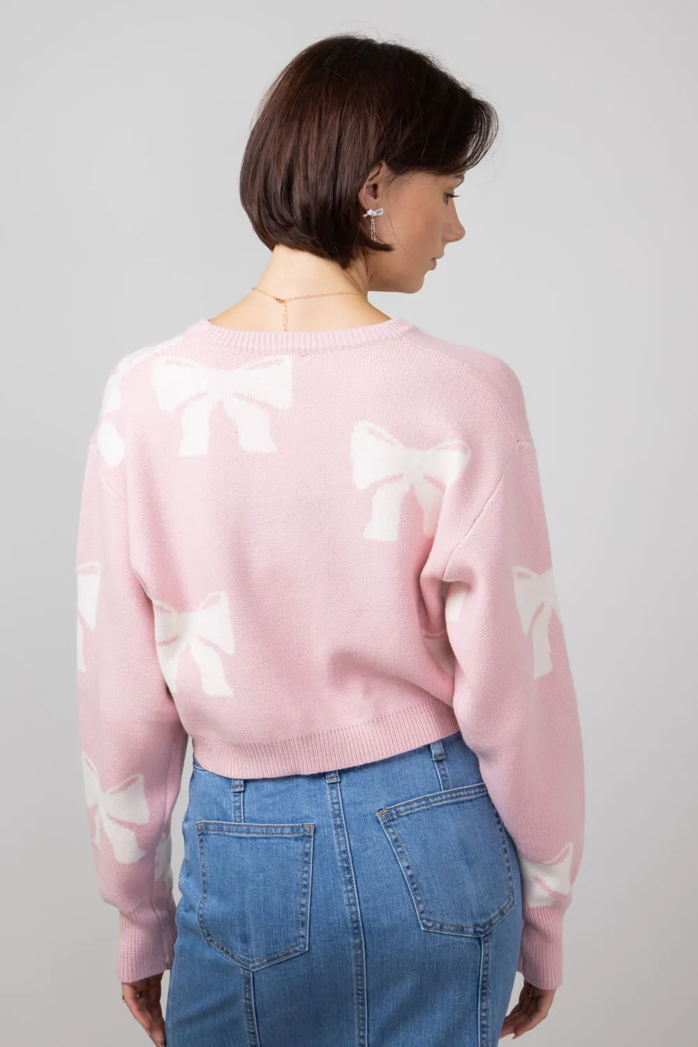 White Bow Sweater for Women in Pink | IWT4021-PINKWHITE