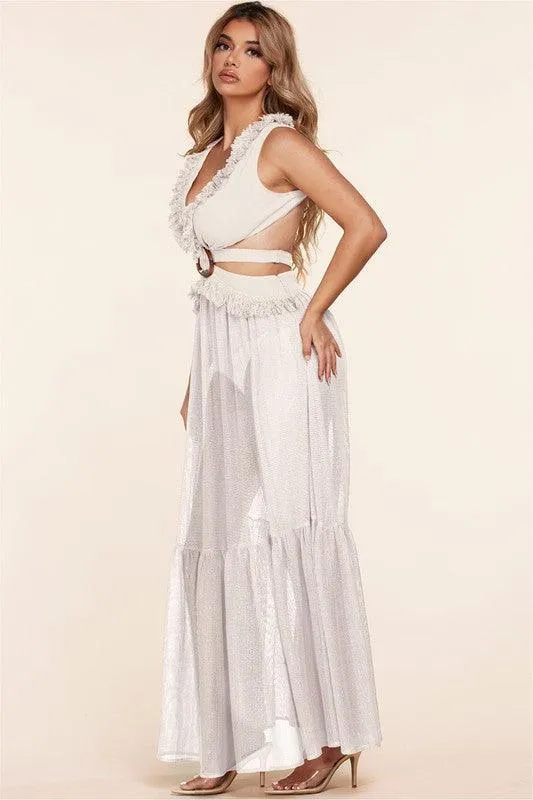 White Cut-Out Halter Dress with Fishnet Detail