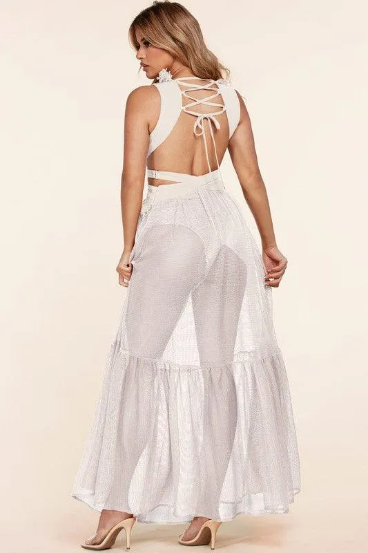 White Cut-Out Halter Dress with Fishnet Detail
