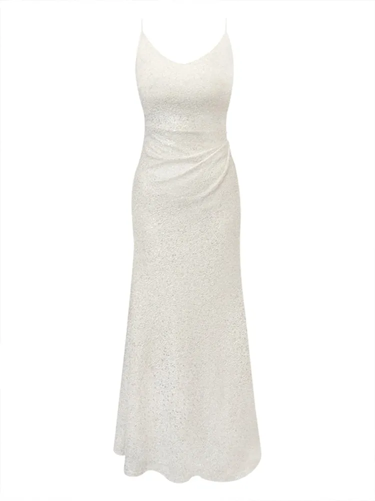 Women Sleeveless Folds Spaghetti Strap Bodycon Dress