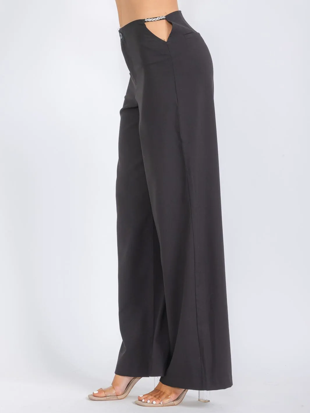 WOMEN'S BUTTON CLOSURE SIDE CUT OUT WIDE LEG PANTS
