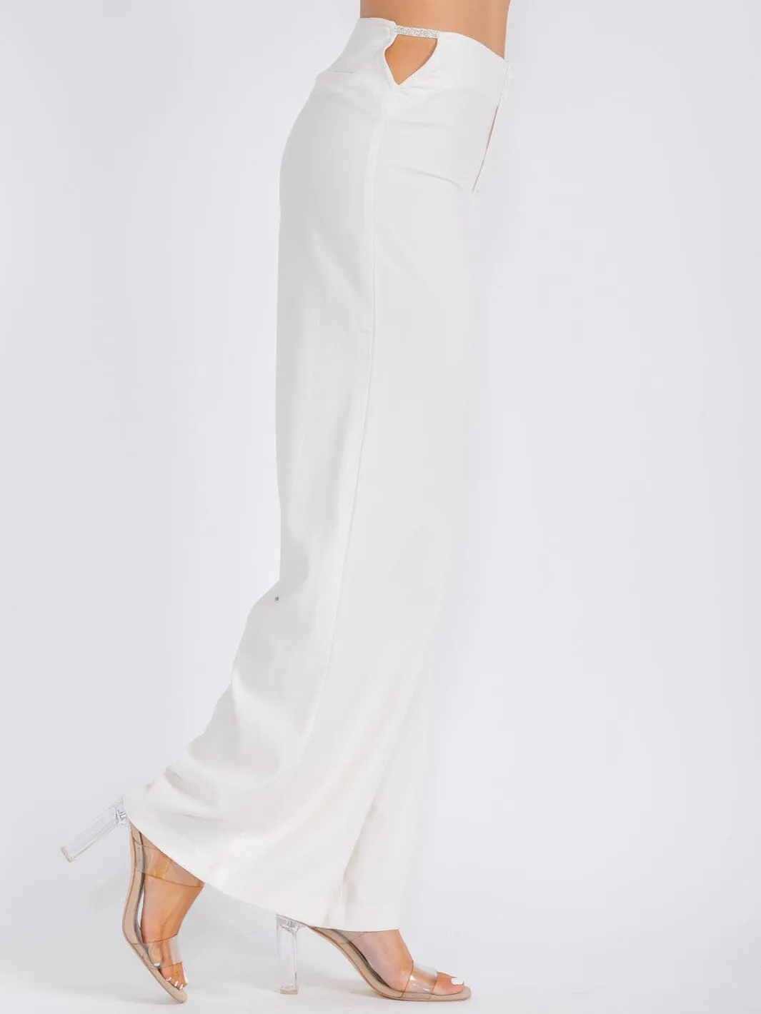 WOMEN'S BUTTON CLOSURE SIDE CUT OUT WIDE LEG PANTS