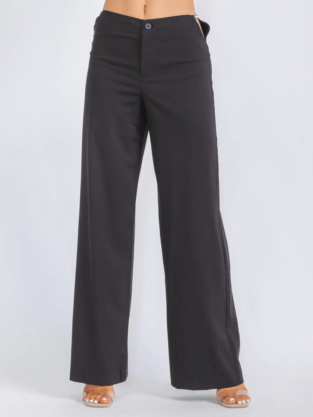 WOMEN'S BUTTON CLOSURE SIDE CUT OUT WIDE LEG PANTS