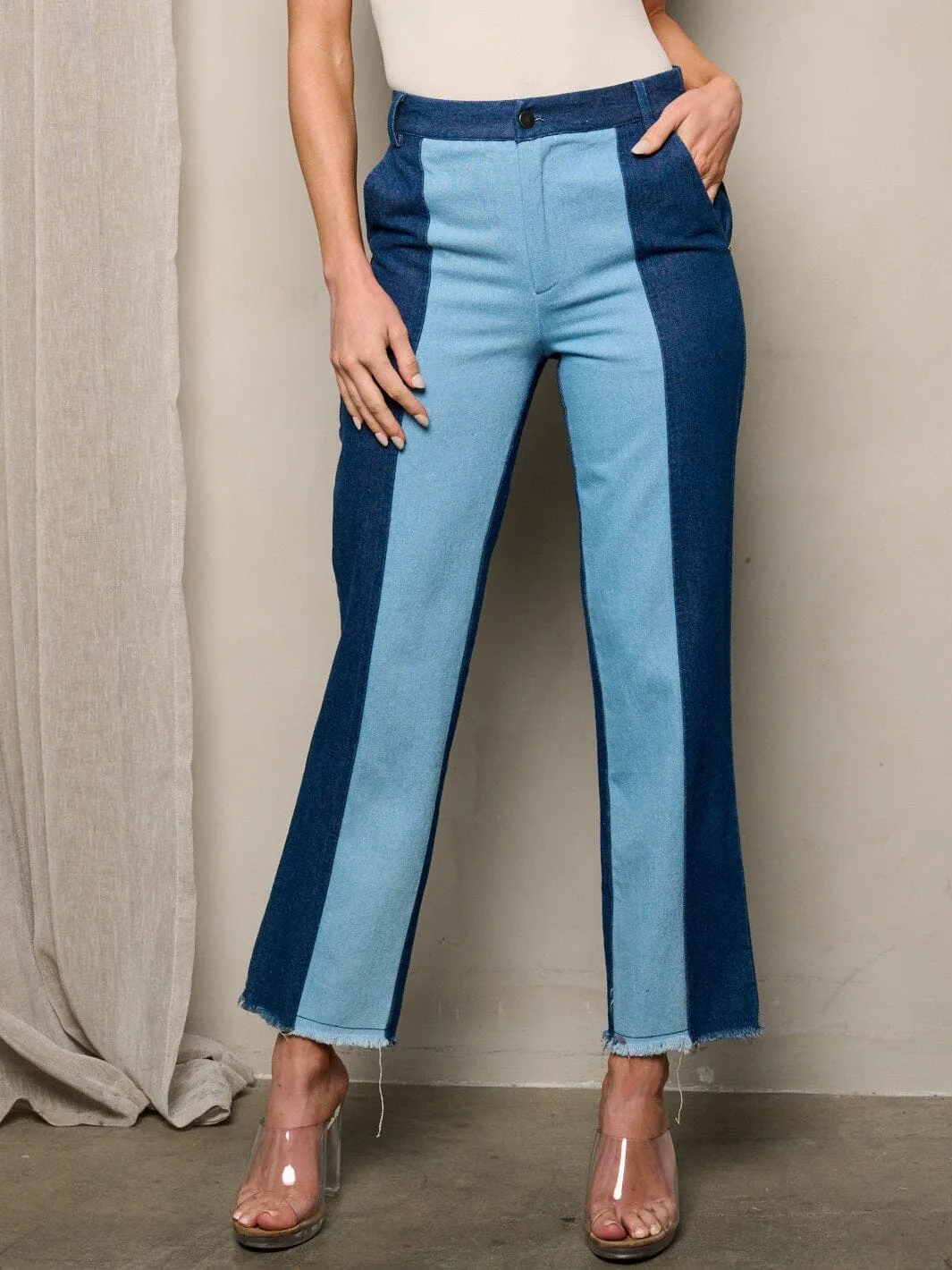 WOMEN'S BUTTON CLOSURE WIDE LEG POCKETS TWO TONE DENIM PANTS