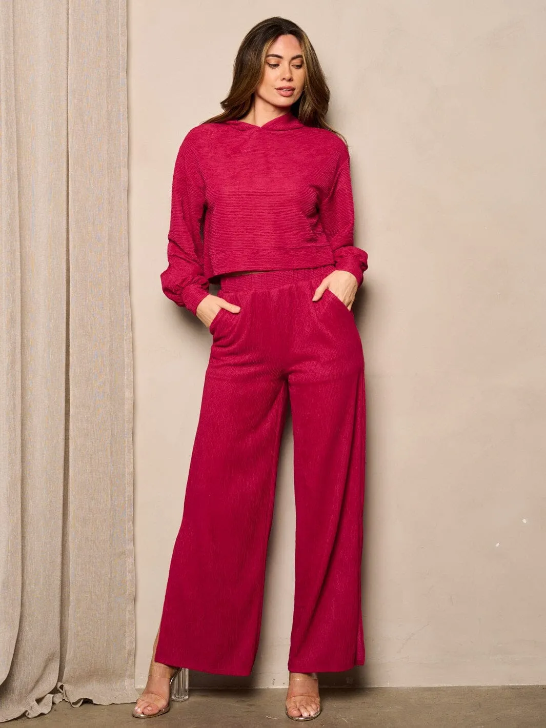 WOMEN'S ELASTIC WAIST POCKETS WIDE SLIT LEG PANTS