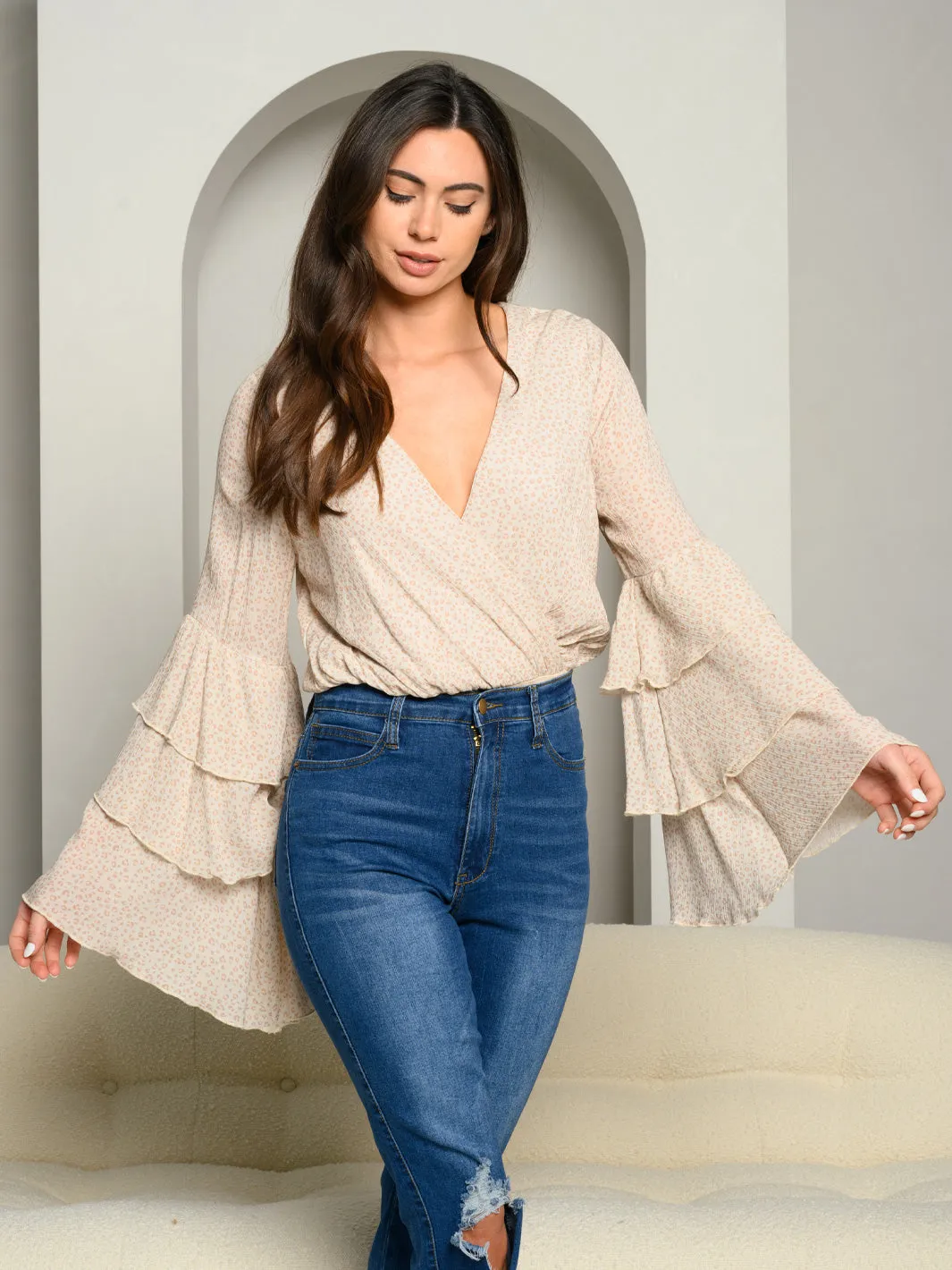 WOMEN'S LONG BELL SLEEVE WRAP RUFFLE ANIMAL PRINT BODYSUIT