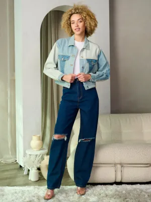 WOMEN'S LONG SLEEVE BUTTON CLOSURE COLORBLOCK DENIM JACKET