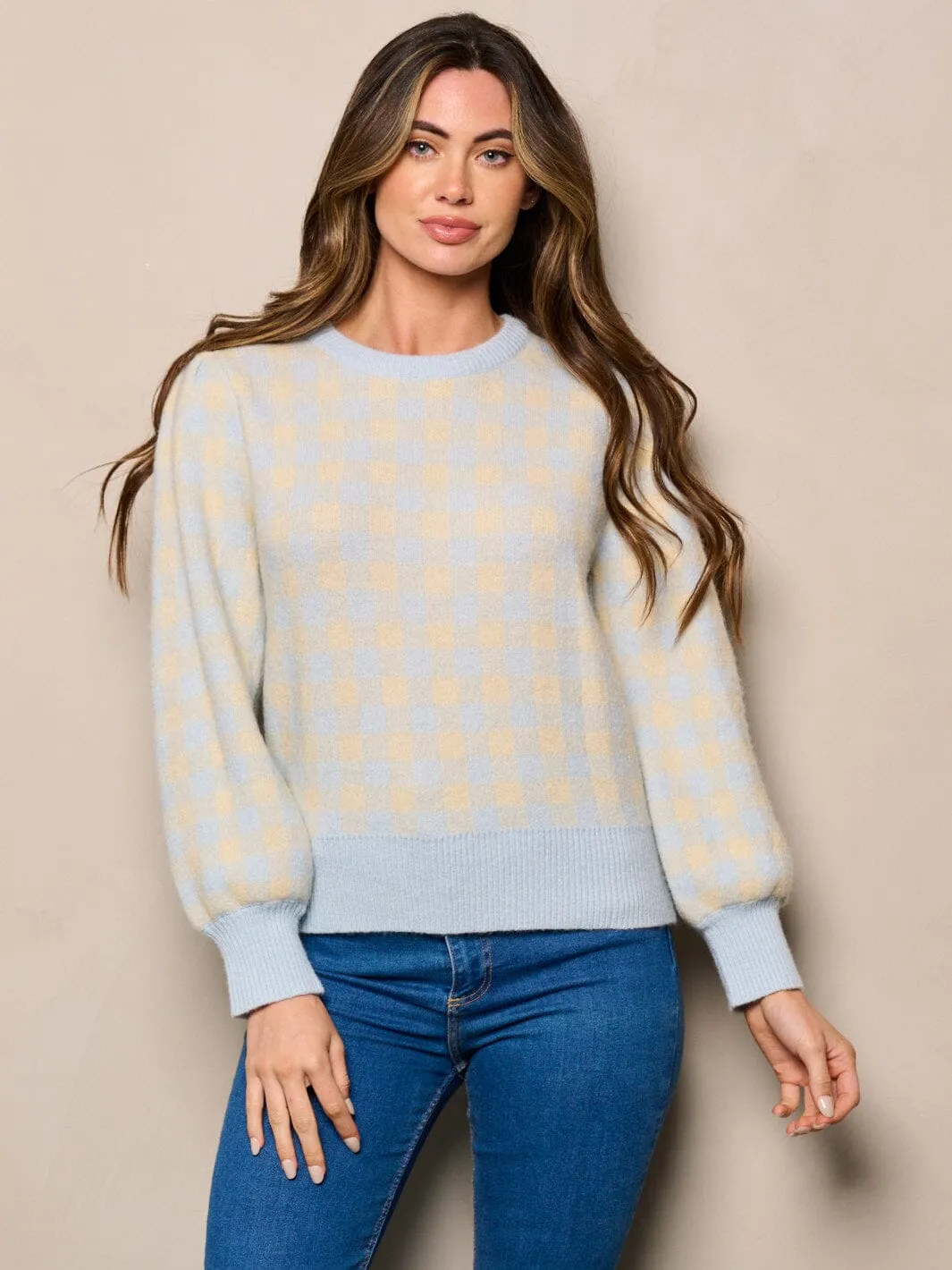 WOMEN'S LONG SLEEVE CHECKERS DETAILED COLORBLOCK  SWEATER