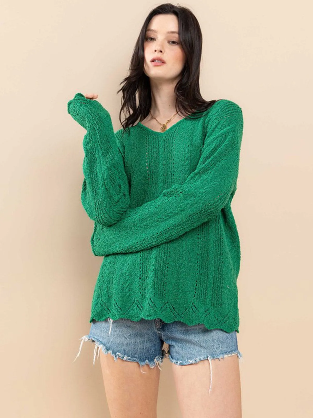 WOMEN'S LONG SLEEVE TRIM DETAILED KNIT SWEATER
