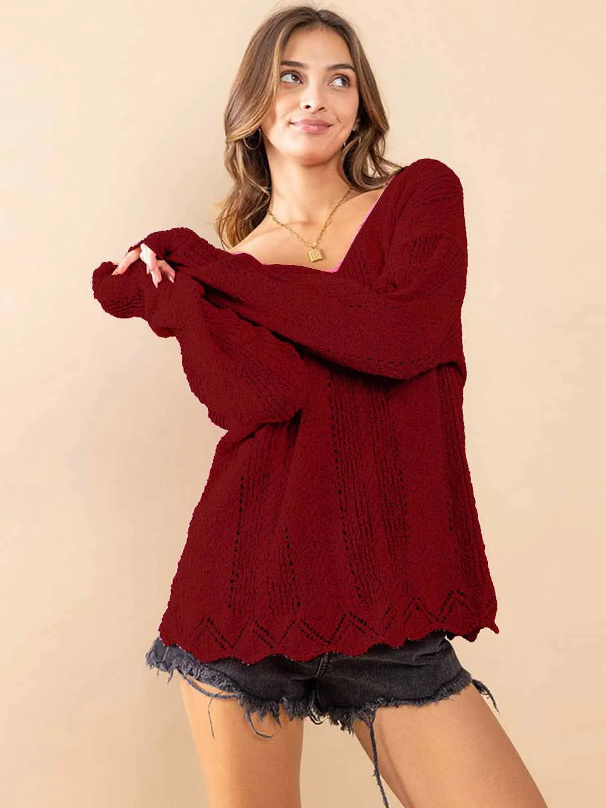 WOMEN'S LONG SLEEVE TRIM DETAILED KNIT SWEATER