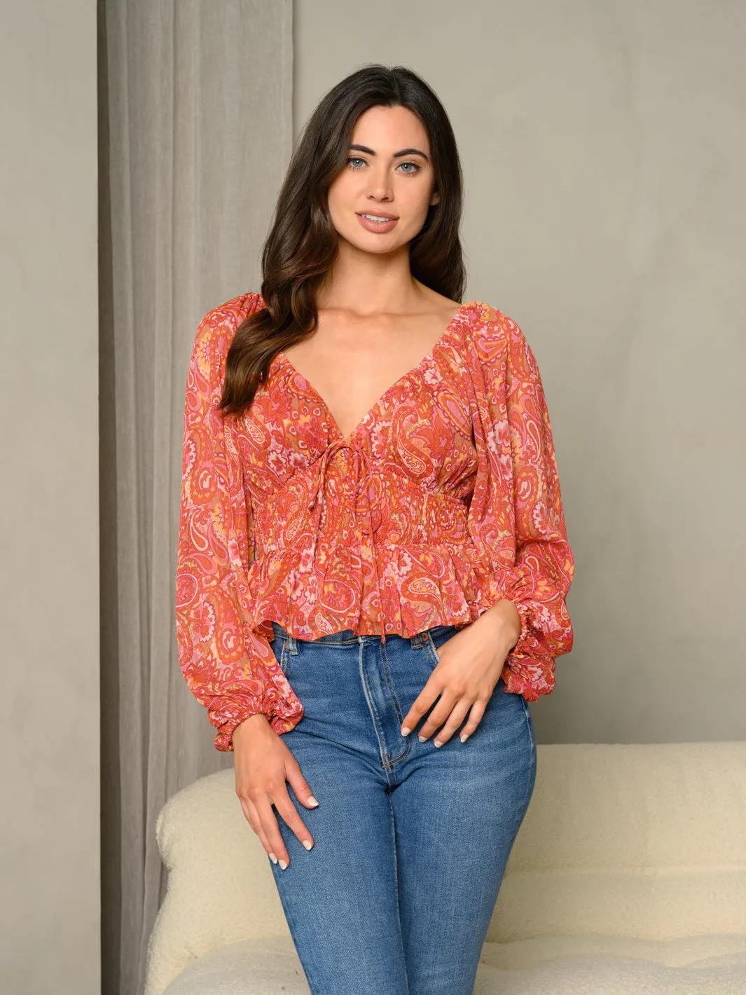 WOMEN'S PAISLEY PRINT V-NECK SMOCKED LONG SLEEVE TOP