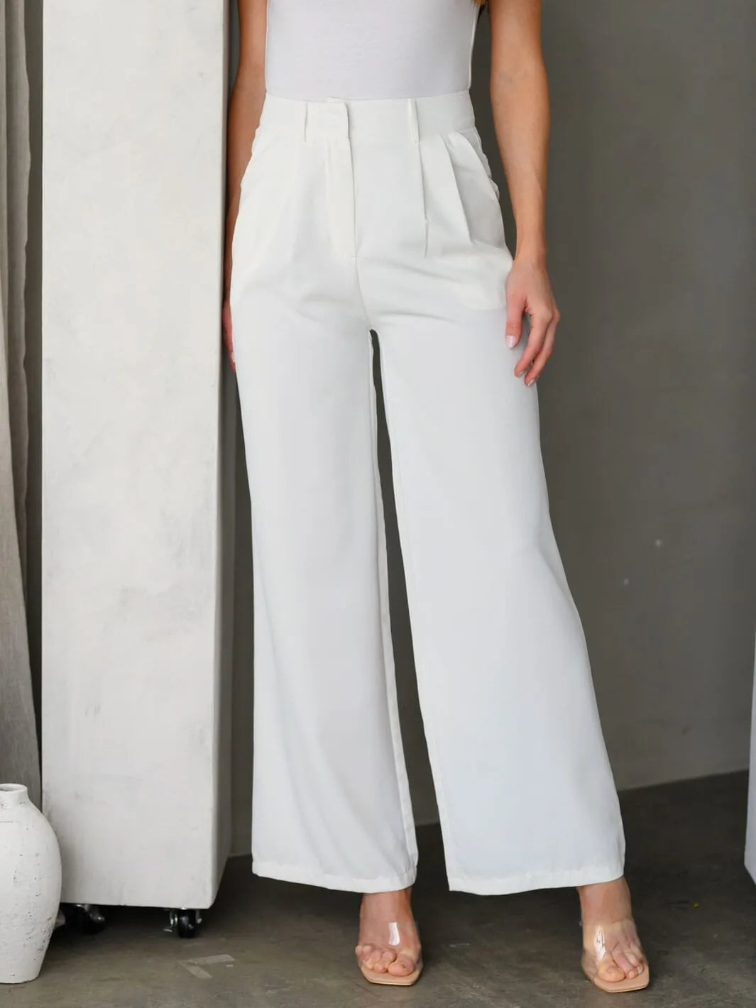 WOMEN'S WIDE LEG POCKETS PLEATED PANTS