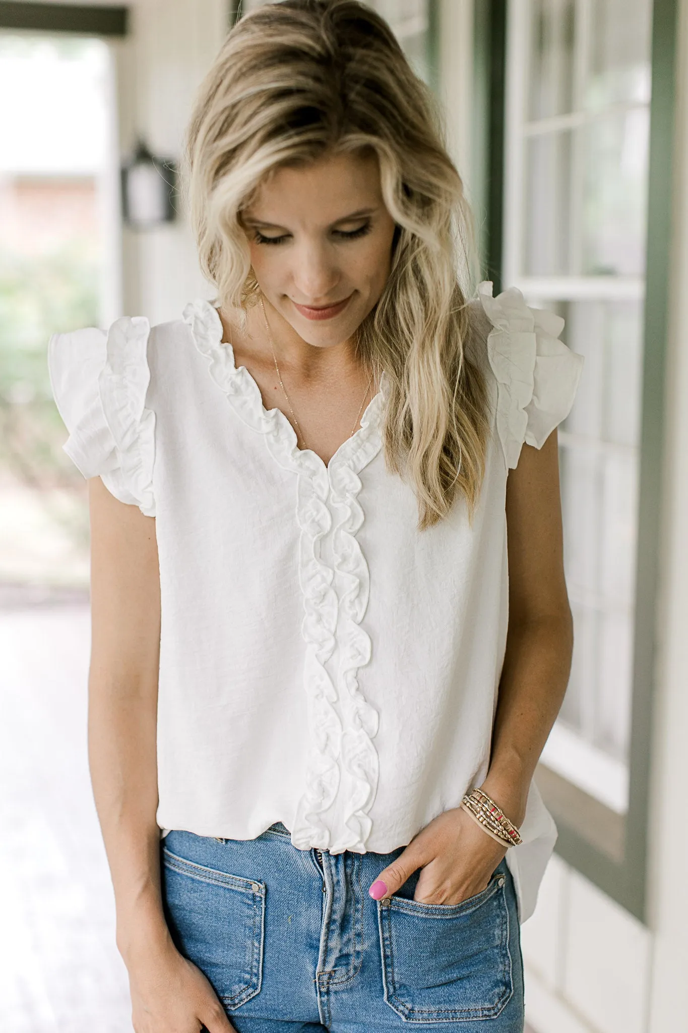 XZ Creamy Ruffle V-Neck