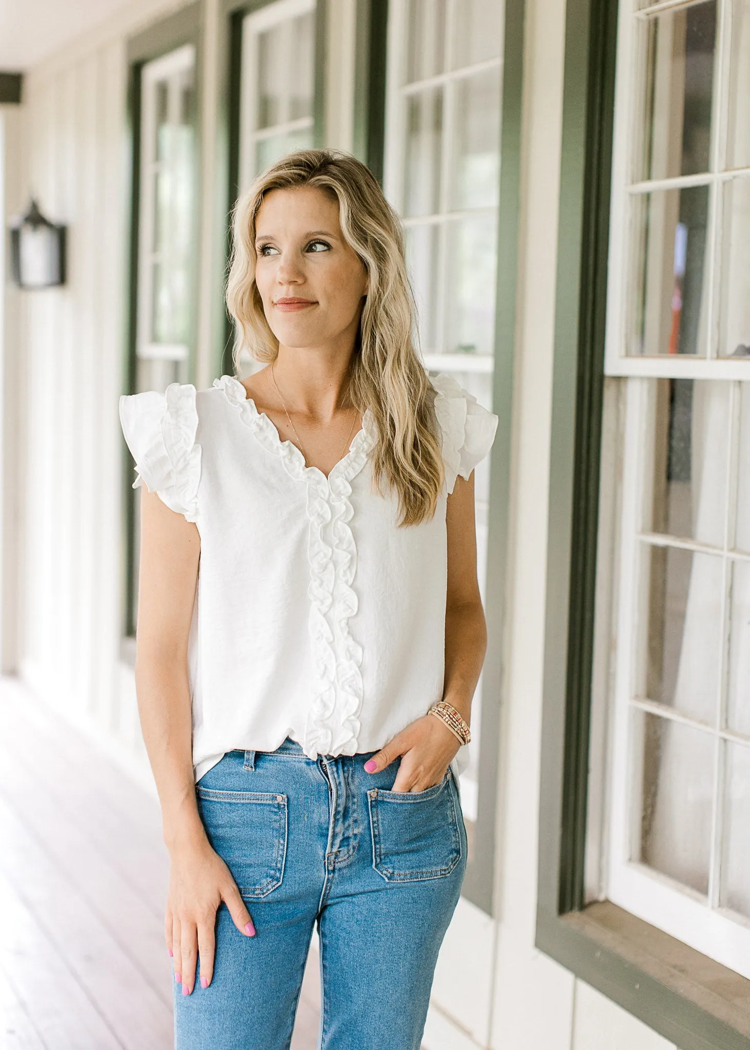 XZ Creamy Ruffle V-Neck