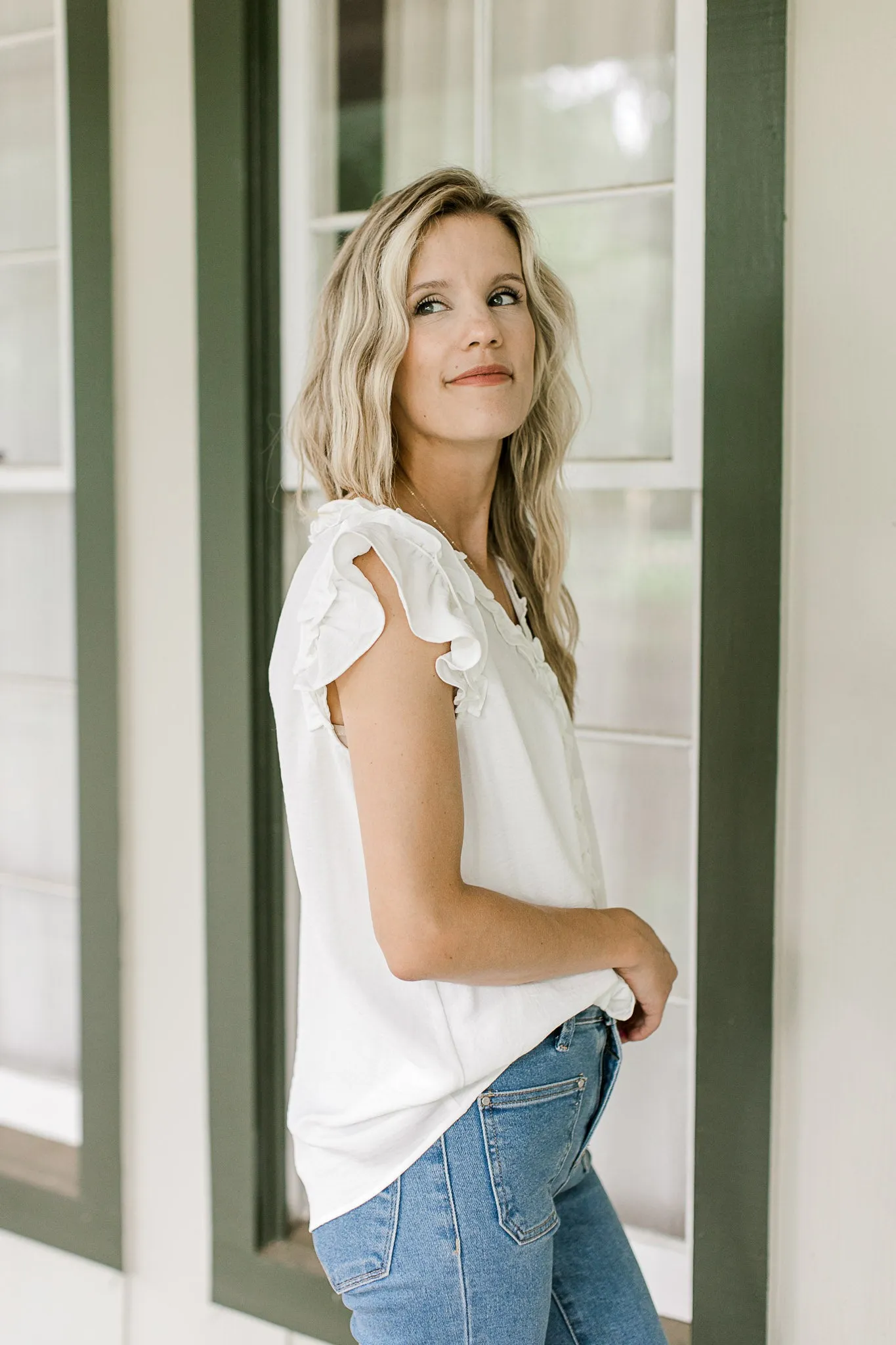 XZ Creamy Ruffle V-Neck
