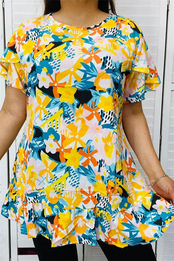 Yellow floral top with ruffle hem