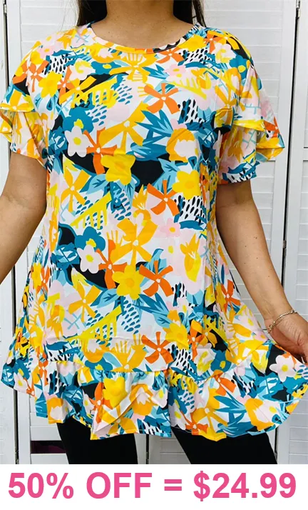 Yellow floral top with ruffle hem